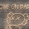 Neon Decorative Lights With Text COME ON BABY And Cartoon Figure On Gray Brick Wall