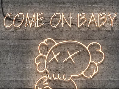 Neon Decorative Lights With Text COME ON BABY And Cartoon Figure On Gray Brick Wall 3d model