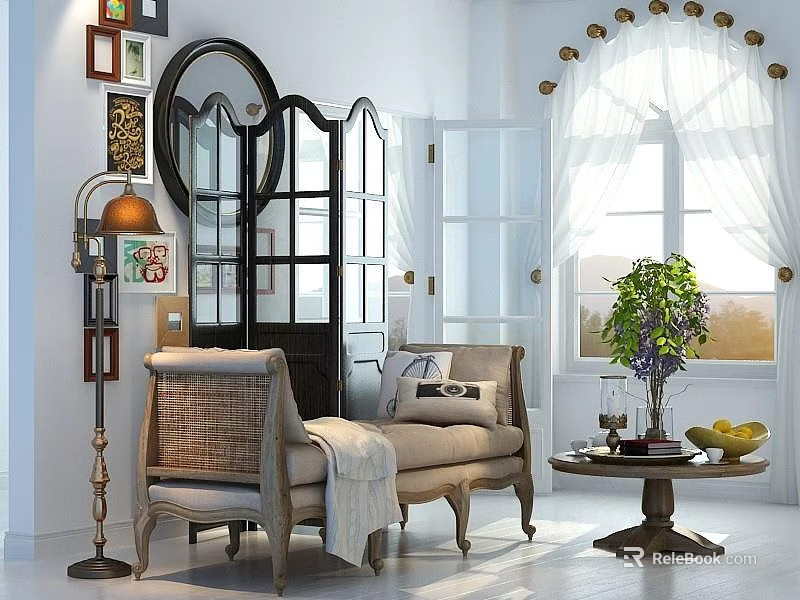 Vintage Indoor Living Room With Rattan Footstool Armchair Floor Lamp And Decorative Mirror 3d model 