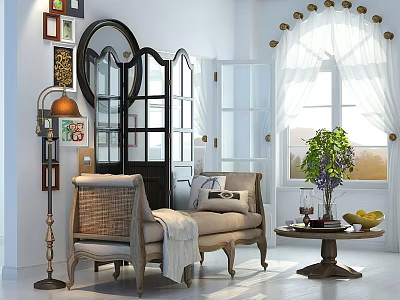 Vintage Indoor Living Room With Rattan Footstool Armchair Floor Lamp And Decorative Mirror 3d model