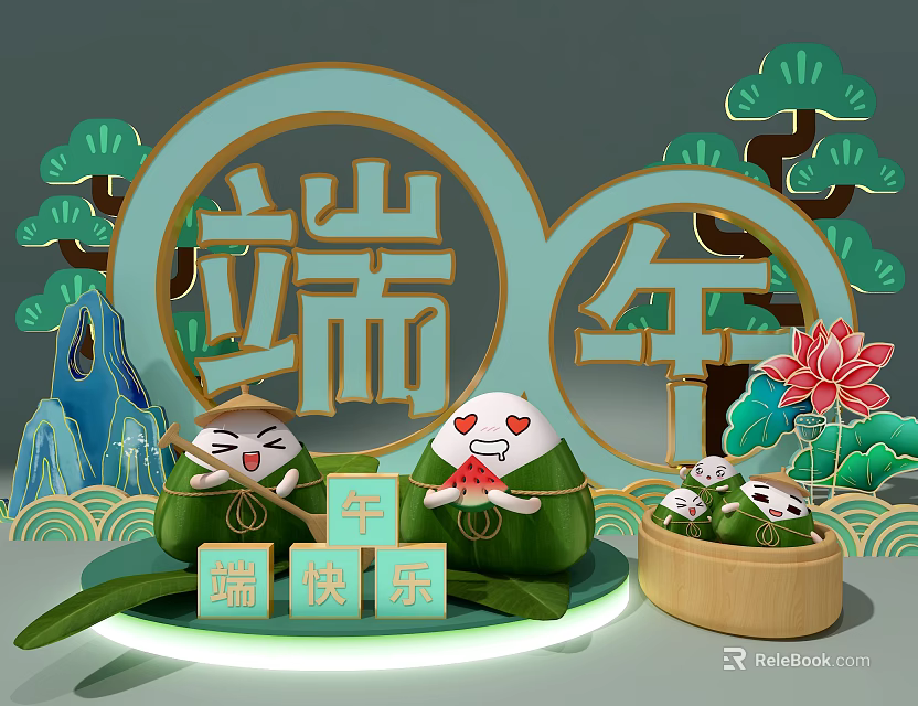 Dragon Boat Festival Themed Window Display with Cartoon Rice Dumplings Lotus Flower and Bamboo Decor 3d model 