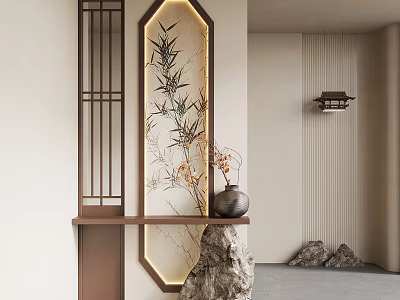 Oriental Style Wooden Partition With Backlit Bamboo Decoration And Stone Ornament 3d model