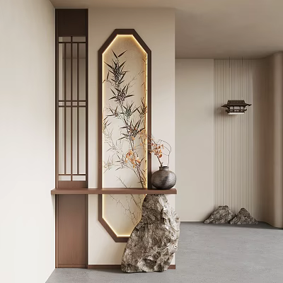 Oriental Style Wooden Partition With Backlit Bamboo Decoration And Stone Ornament 3d model