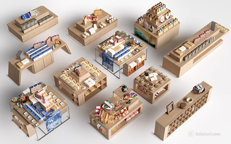 Wooden Display Shelves for Retail Stores with Different Styles Showcasing Various Products 3d model 