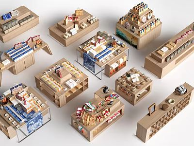 Wooden Display Shelves for Retail Stores with Different Styles Showcasing Various Products 3d model