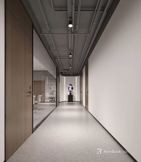Modern Office Corridor With Glass Walls Light Flooring And Sculpture 3d model 