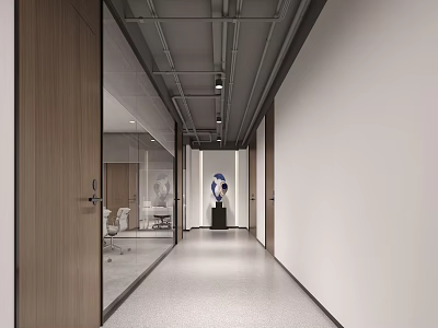 Modern Office Corridor With Glass Walls Light Flooring And Sculpture 3d model