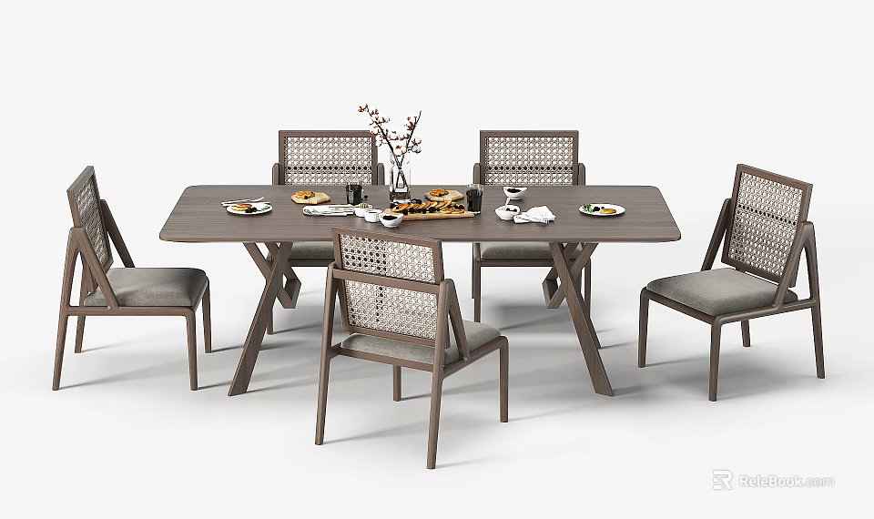 Wooden Dining Table Set With Rattan Back Chairs And Tabletop Decor Elements 3d model 