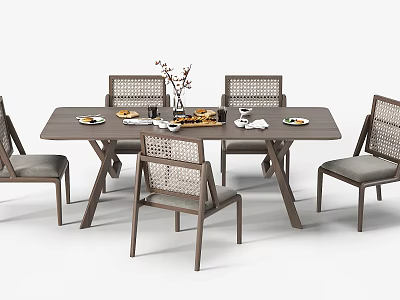 Wooden Dining Table Set With Rattan Back Chairs And Tabletop Decor Elements 3d model