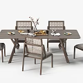 Wooden Dining Table Set With Rattan Back Chairs And Tabletop Decor Elements 3d model