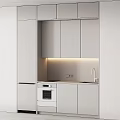Modern Kitchen With Gray And Wooden Built in Cabinets Sink Faucet And Oven Lighting