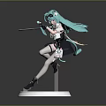 Anime Figure Green Hair Holding Sword Black Skirt White Thigh High Socks On White Stand