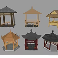 Different Traditional Chinese Pavilions Featuring Various Roof Designs And Wooden Frames