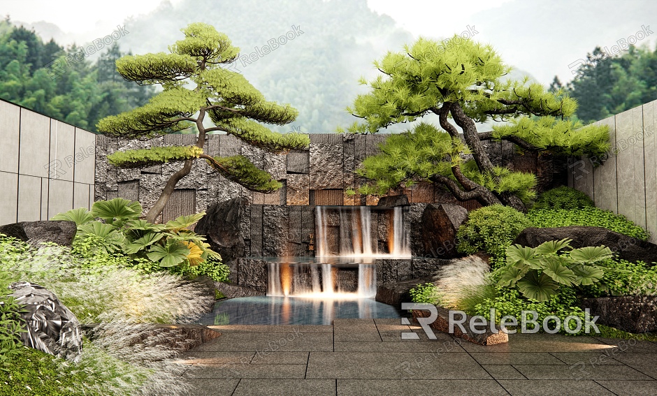 New Chinese-style rockery waterscape waterscape wall pine plant landscaping rockery stone landscape stone plant pile flowers and plants combination model