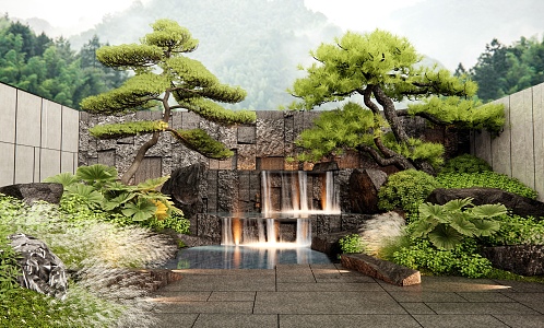 New Chinese-style rockery waterscape wall pine plant landscaping rockery stone landscape stone plant pile flowers and plants combination 3d model