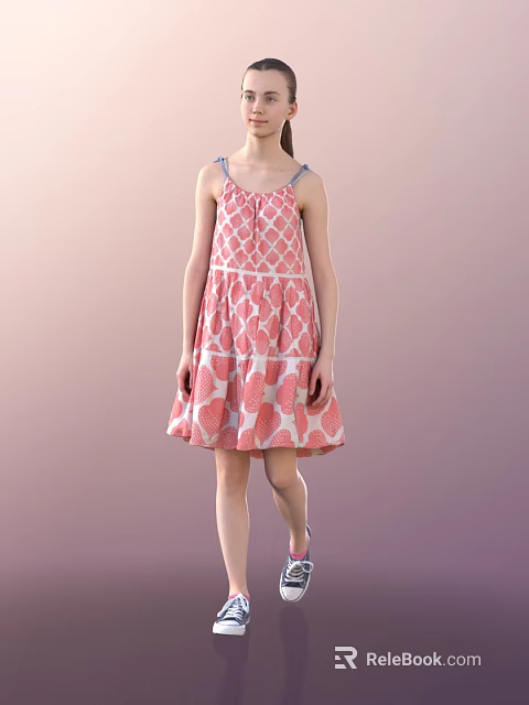 Woman Wearing Pink Floral Pattern Dress With Spaghetti Straps And A Line Skirt 3d model 
