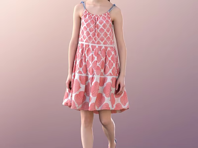Woman Wearing Pink Floral Pattern Dress With Spaghetti Straps And A Line Skirt 3d model