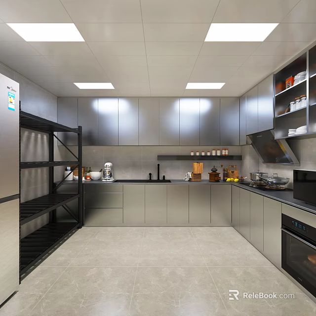 Commercial Kitchen Interior With Stainless Steel Cabinets Shelves And Cooking Countertops 3d model 