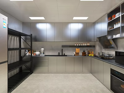 Commercial Kitchen Interior With Stainless Steel Cabinets Shelves And Cooking Countertops 3d model