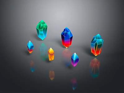 Colorful Crystal Shaped Decorative Ornament Set with Reflective Surfaces on Dark Background 3d model