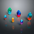 Colorful Crystal Shaped Decorative Ornament Set with Reflective Surfaces on Dark Background