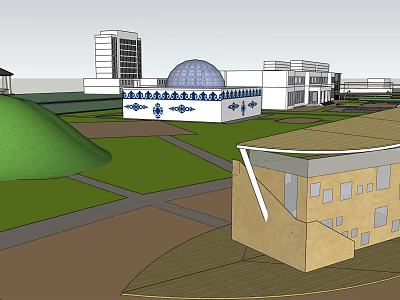 Modern Office Building With Dome Structure Blue Decorations Green Lawn And Surrounding Buildings 3d model