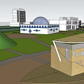 Modern Office Building With Dome Structure Blue Decorations Green Lawn And Surrounding Buildings
