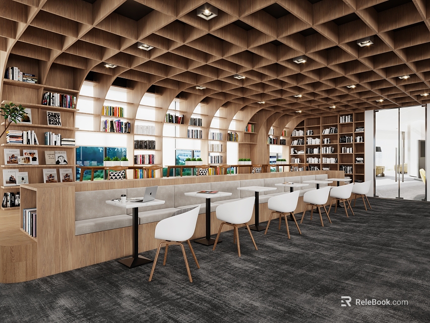 Cozy Lounge Area Interior Featuring Wooden Bookshelves White Chairs Tables And Windows 3d model 