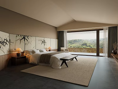Spacious Modern Hotel Guest Room With Bamboo Decor Mountain View And Large Window 3d model