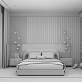 Modern Minimalist Bedroom Featuring Striped Accent Wall Pendant Lights Nightstands And Wooden Floor