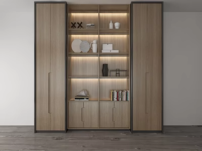 Modern Wooden Bookcase With Open Shelves LED Lights Books And Decorative Items Interior 3d model