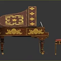 Ornately Decorated Grand Piano With Golden Patterns And Red Cushion Stool
