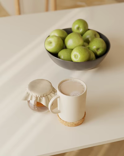 Fresh Green Apples in Bowl with Small Jar and White Mug on Light Tabletop 3d model