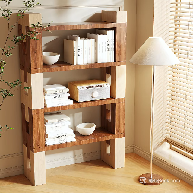 Modern Wooden Shelf Interior with Books Decorative Bowl and Sunlit Corner Setting 3d model 