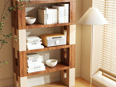 Modern Wooden Shelf Interior with Books Decorative Bowl and Sunlit Corner Setting 3d model