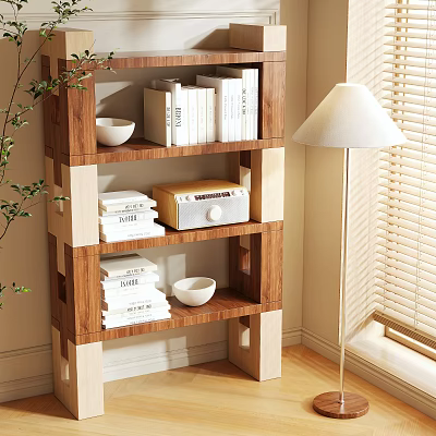 Modern Wooden Shelf Interior with Books Decorative Bowl and Sunlit Corner Setting 3d model