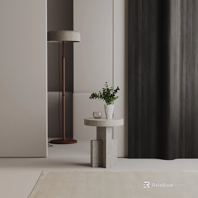 Concrete Side Table In Minimalist Modern Living Room With Potted Plant And Floor Lamp 3d model 