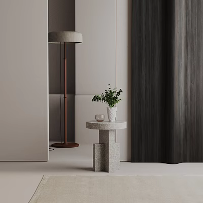 Concrete Side Table In Minimalist Modern Living Room With Potted Plant And Floor Lamp 3d model