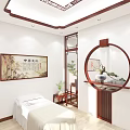 Chinese Style Living Room With Wooden Partition Round Window And Lotus Painting On Wall