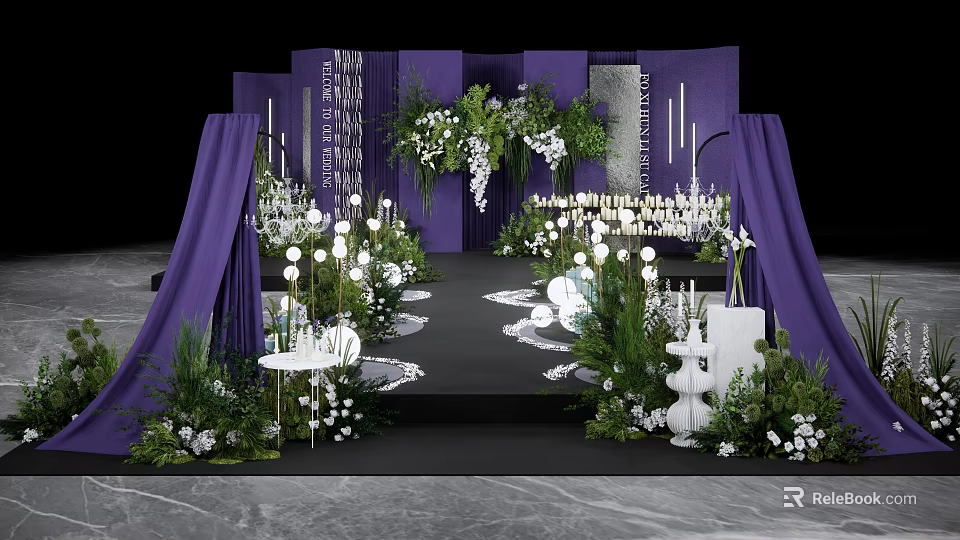 Floral Installation for Wedding Ceremony with Purple Drapery White Candles and Greenery Pathway 3d model 