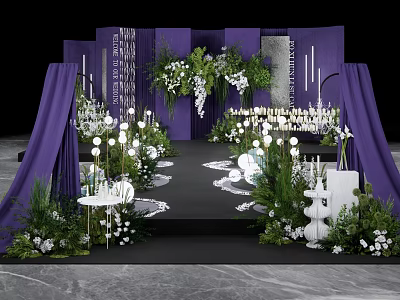 Floral Installation for Wedding Ceremony with Purple Drapery White Candles and Greenery Pathway 3d model