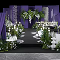 Floral Installation for Wedding Ceremony with Purple Drapery White Candles and Greenery Pathway