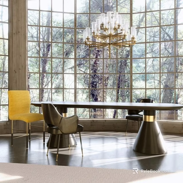 Elegant Dining Table With Yellow And Dark Chairs By Large Windows With Trees And Chandelier 3d model 