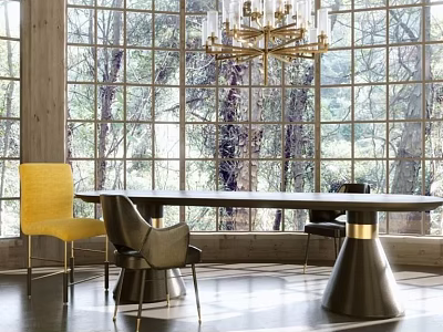 Elegant Dining Table With Yellow And Dark Chairs By Large Windows With Trees And Chandelier 3d model