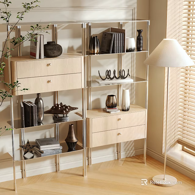 Modern Storage Shelving with Metal Frame Wooden Drawers Books Vases Decorative Items in Living Room 3d model 