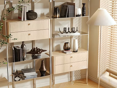 Modern Storage Shelving with Metal Frame Wooden Drawers Books Vases Decorative Items in Living Room 3d model