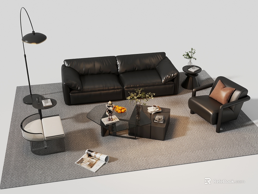 Modern Black Leather Sofa and Coffee Table Set with Armchair Fruits Magazines and Floor Lamp 3d model 