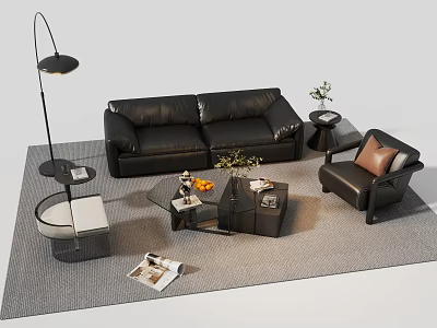 Modern Black Leather Sofa and Coffee Table Set with Armchair Fruits Magazines and Floor Lamp 3d model