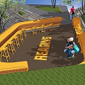 Outdoor Orange Bar Counter With Seating Trees And People In Park Area
