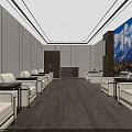 Modern Conference Room Interior With White Sofas Wooden Floors And Decorative Paintings